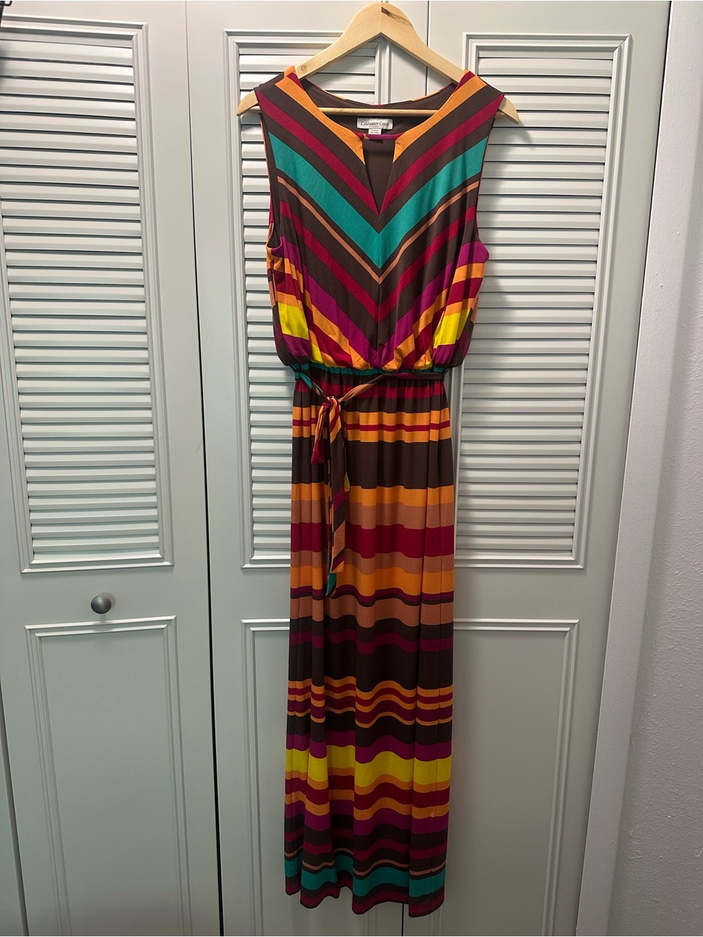 Sleeveless Striped Maxi Dress in Teal, Maroon & Mustard